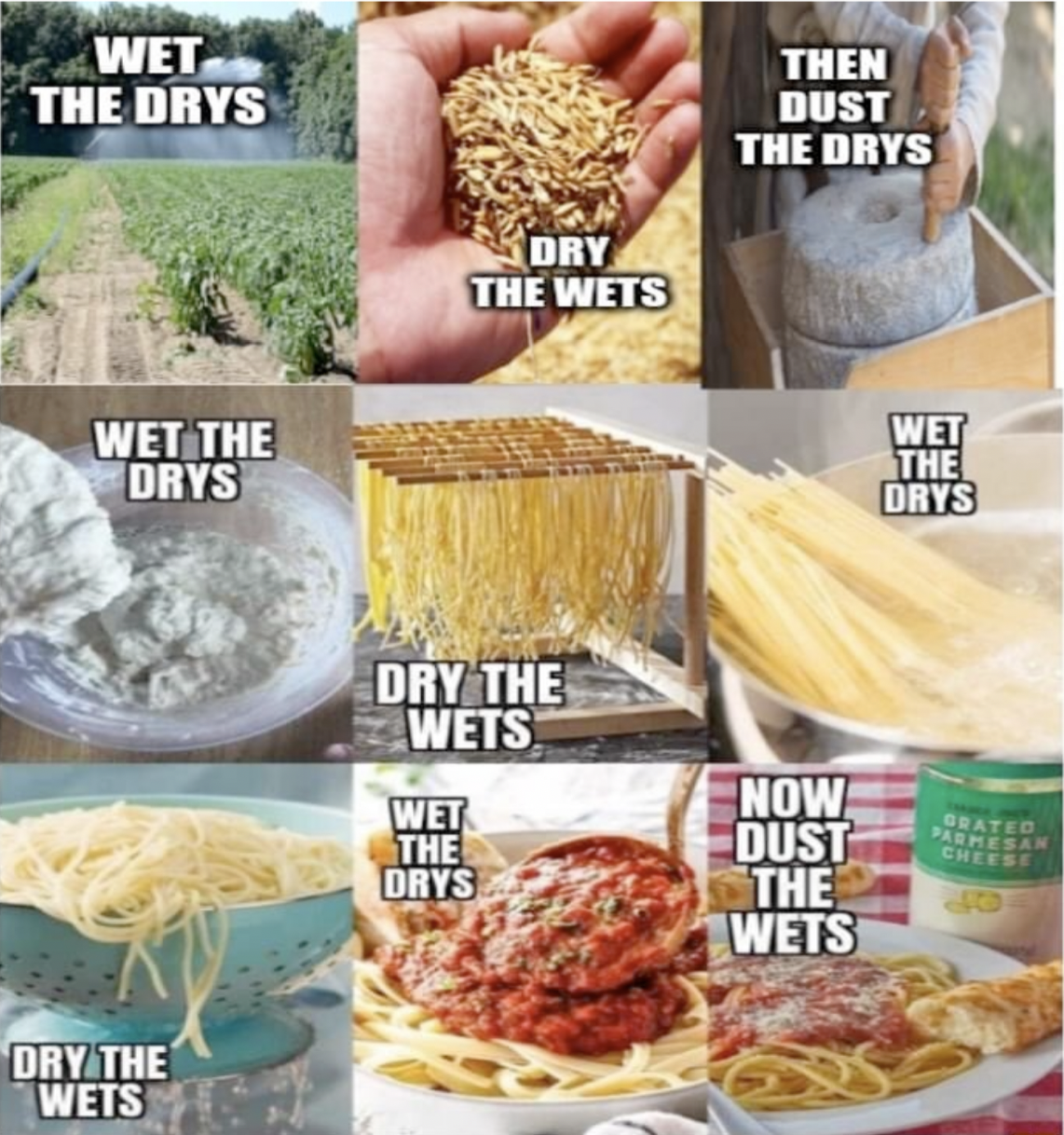 meme showing pasta making in terms of drying and wetting processes