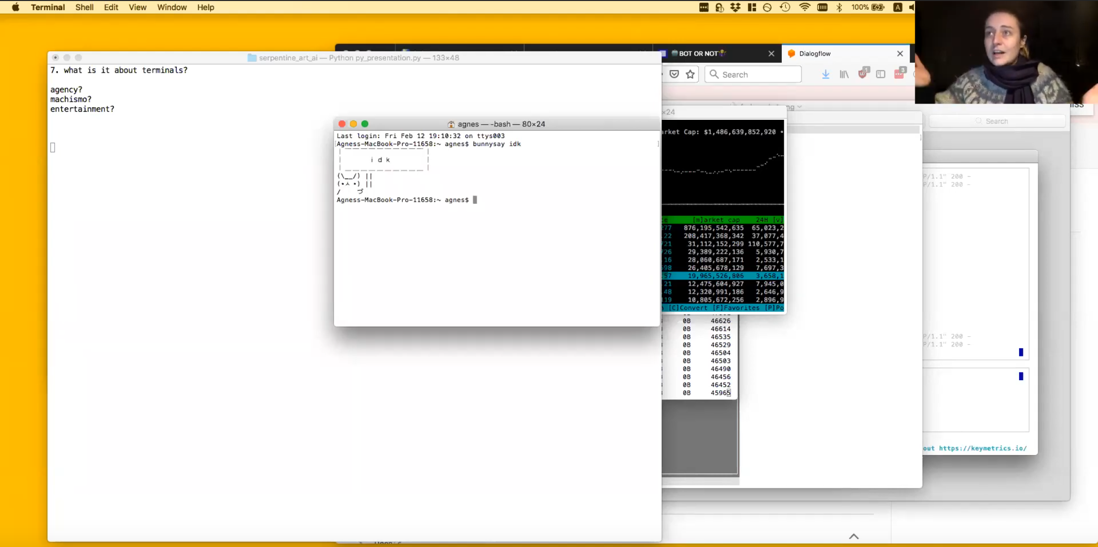 agnes (top right hand corner) on zoom talking about a set of terminal interfaces on a shared screen